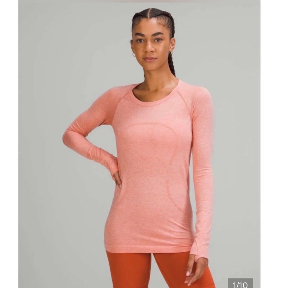Lululemon Swiftly Tech Long Sleeve Shirt Women 10 Orange Nylon Thumbholes Good